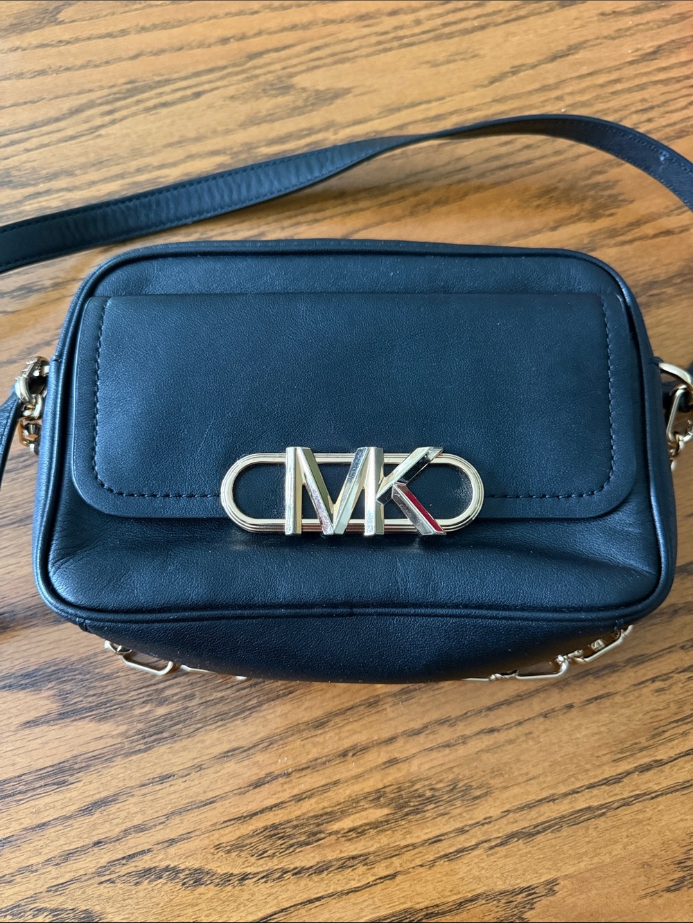 Michael Kors Black Leather Crossbody with Gold MK Emblem